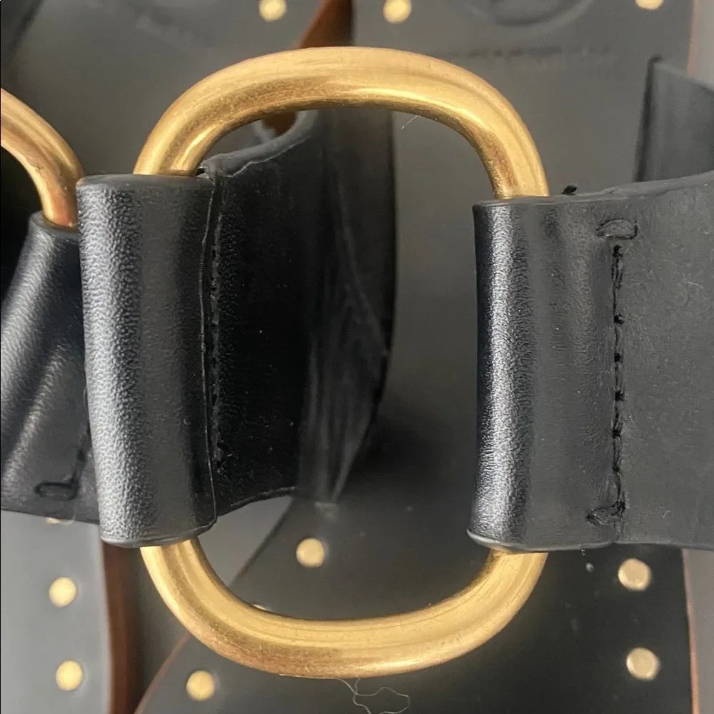 Tory Burch Black Leather Toe-Ring Slide Sandals Gold Hardware Sz 5.5 Chic NWOB